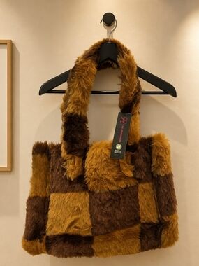 Faux Fur Patchwork Tote Bag in Brown & Mustard